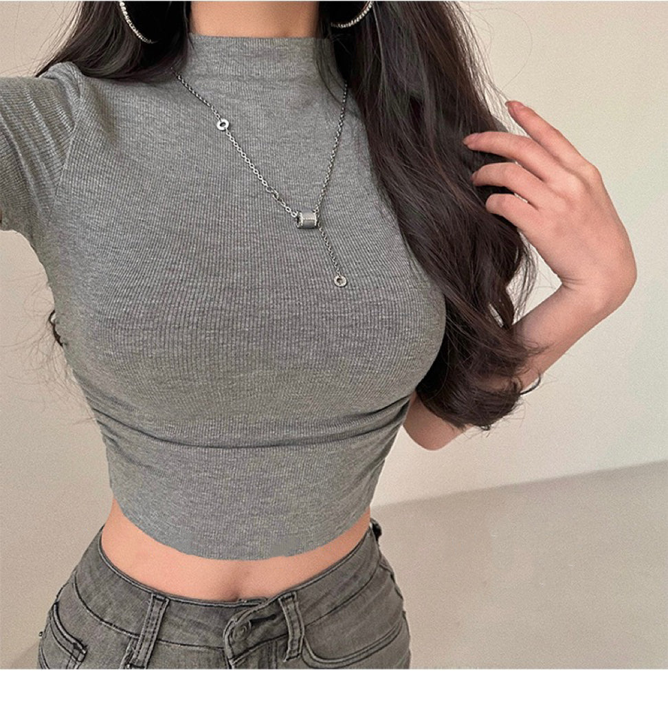 Antmvs Norma Solid Color Short Sleeve Turtleneck Slim Cropped Top