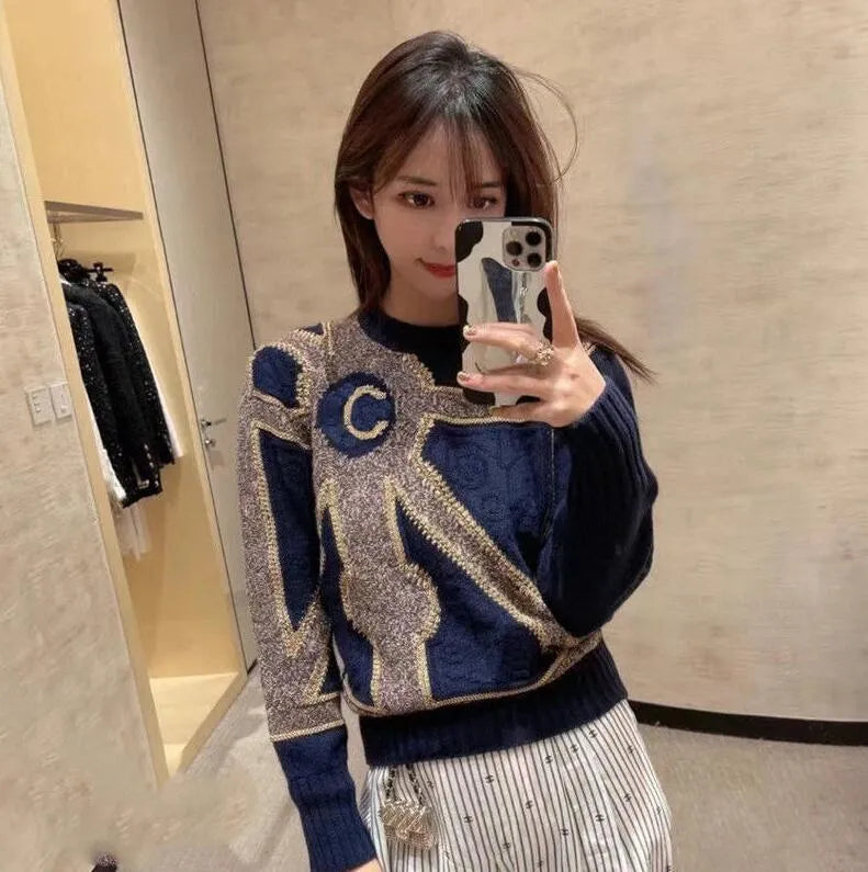 Fall High-end fashion women's sweater designer's luxury C-letter patchwork knit is soft and comfortable with high quality