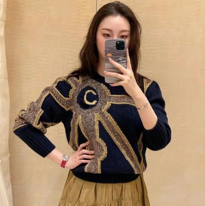 Fall High-end fashion women's sweater designer's luxury C-letter patchwork knit is soft and comfortable with high quality
