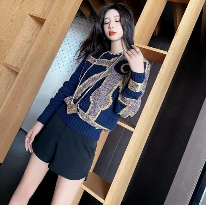 Fall High-end fashion women's sweater designer's luxury C-letter patchwork knit is soft and comfortable with high quality