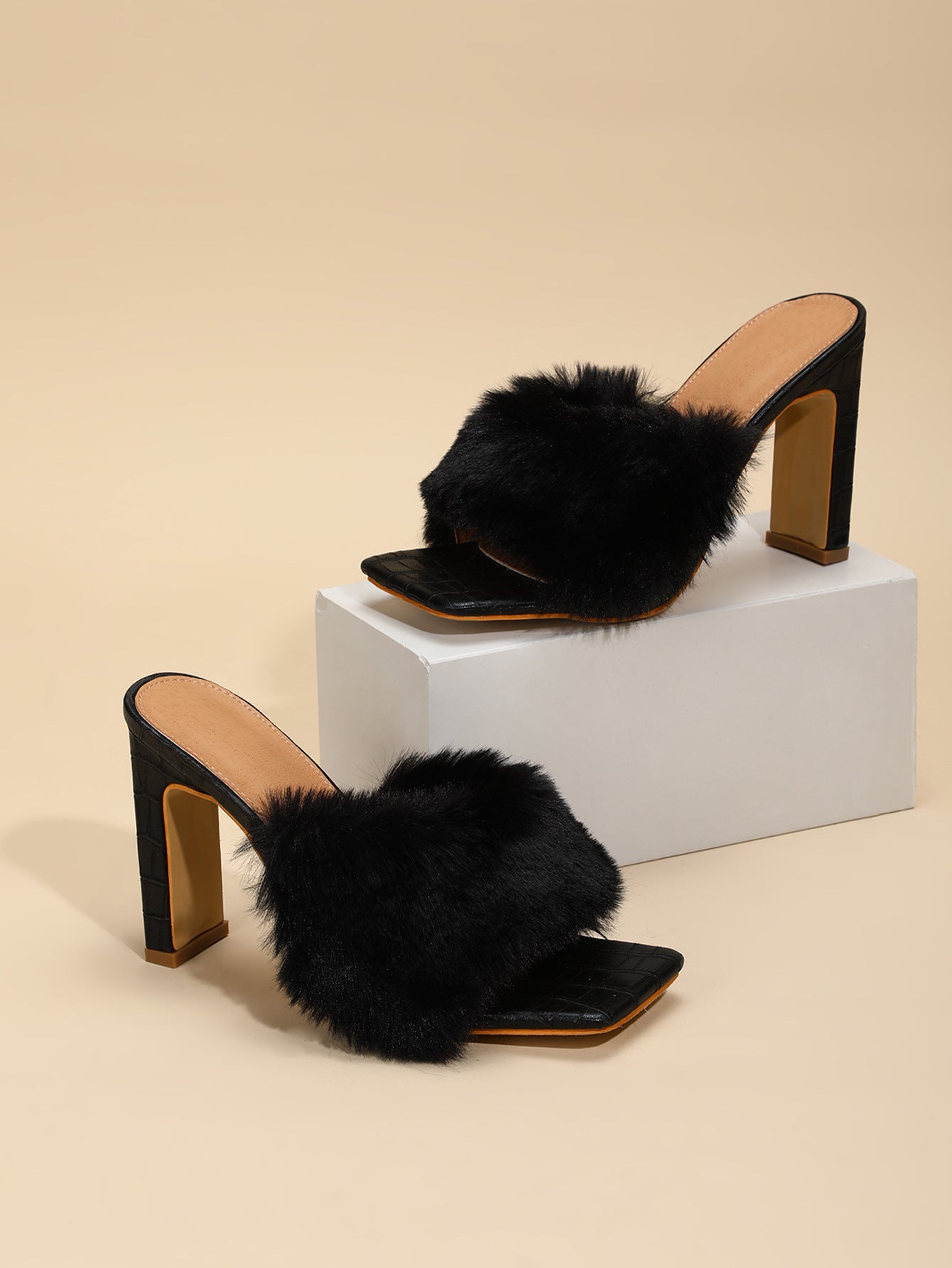 Antmvs Square Toe Fashion Fur Shoes Open Toe Chunky Heels
