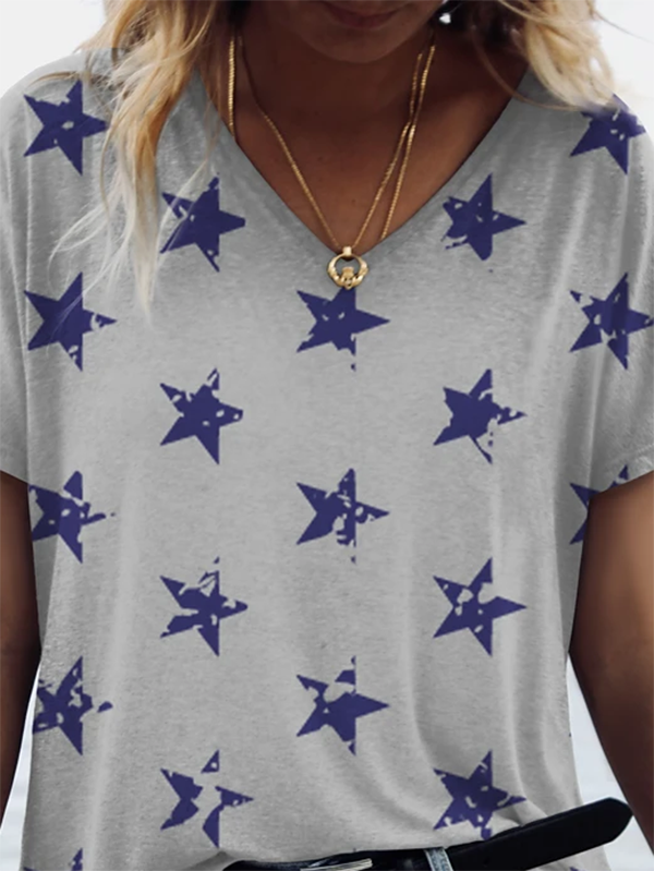 Printed V Neck Casual Short Sleeve Shirts & Tops