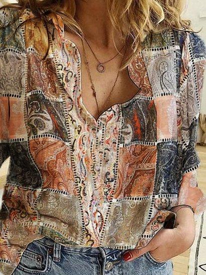 V Neck Plaid Long Sleeve Shirts & Tops
