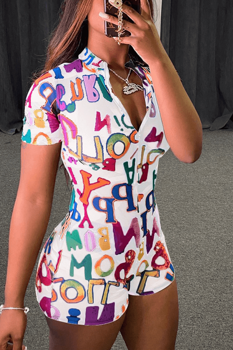 Antmvs Sexy Slim Letter Print Zipper Romper