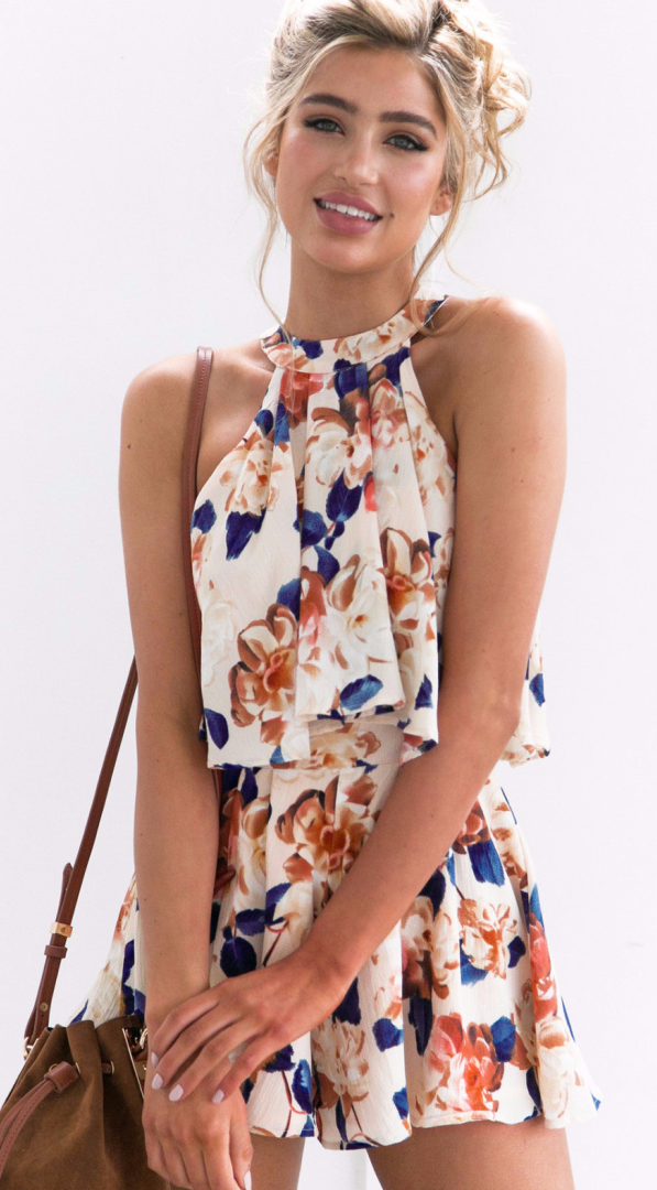 Antmvs Beige Floral Crop Top and Shorts Matching Sets