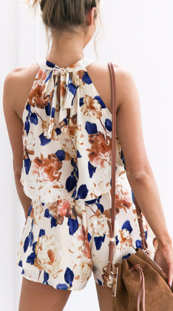 Antmvs Beige Floral Crop Top and Shorts Matching Sets