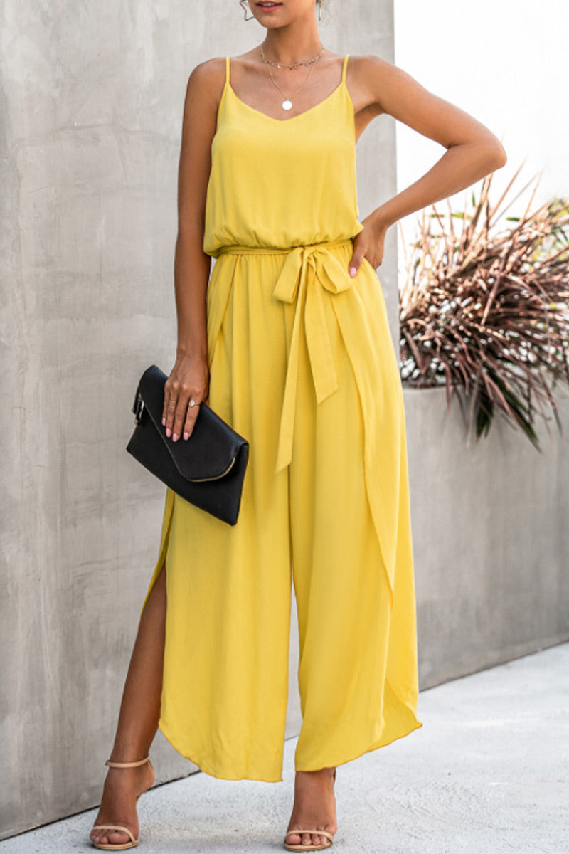 Antmvs Fashion Street Solid Frenulum Spaghetti Strap Loose Jumpsuits