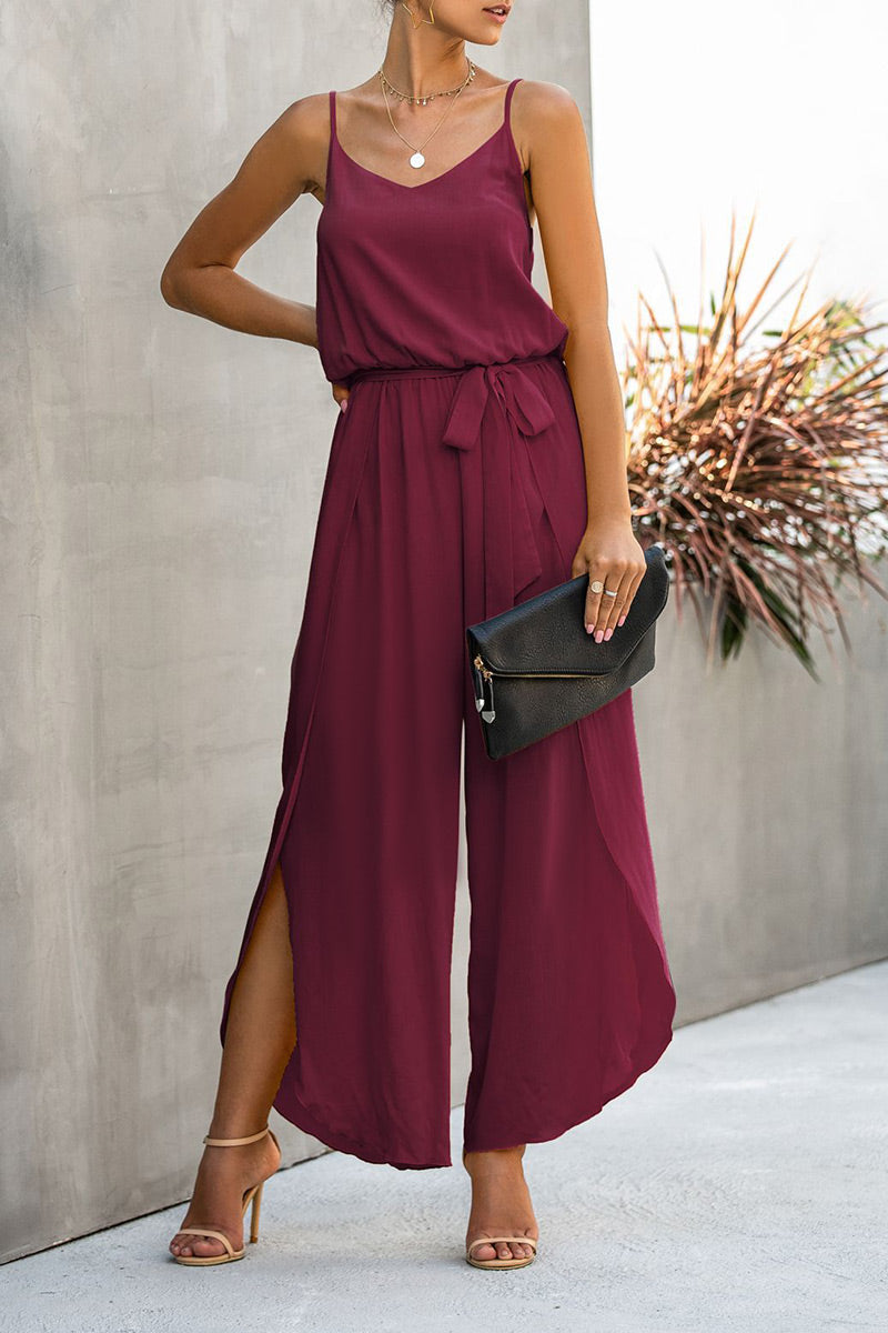 Antmvs Fashion Street Solid Frenulum Spaghetti Strap Loose Jumpsuits