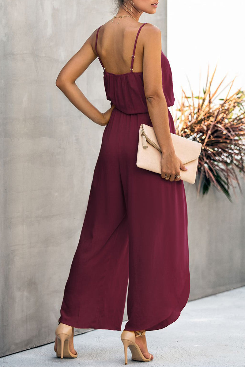 Antmvs Fashion Street Solid Frenulum Spaghetti Strap Loose Jumpsuits