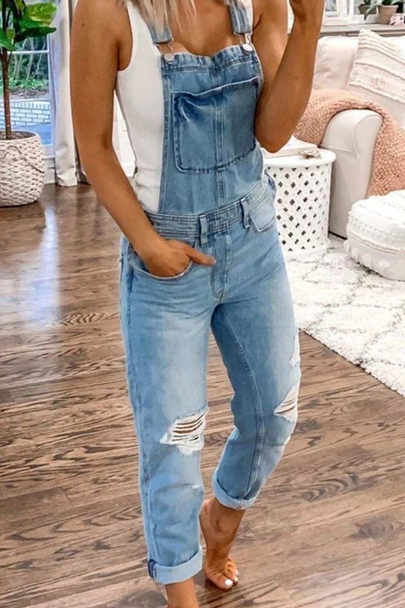 Antmvs Street Print Solid Ripped Patchwork Buttons Off the Shoulder Regular Jumpsuits