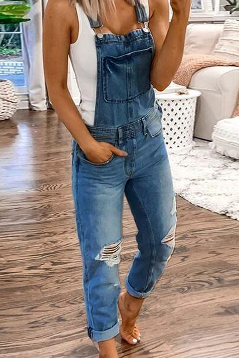 Antmvs Street Print Solid Ripped Patchwork Buttons Off the Shoulder Regular Jumpsuits