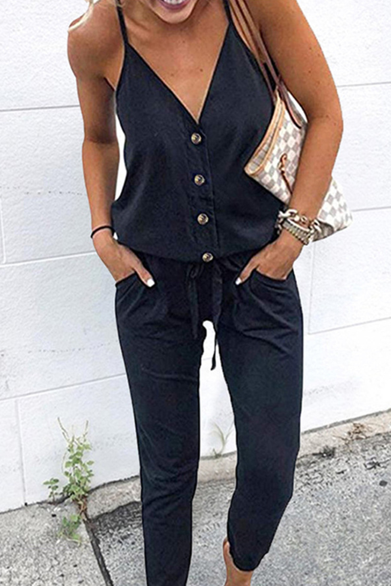 Antmvs Elegant Solid Buttons With Belt V Neck Loose Jumpsuits