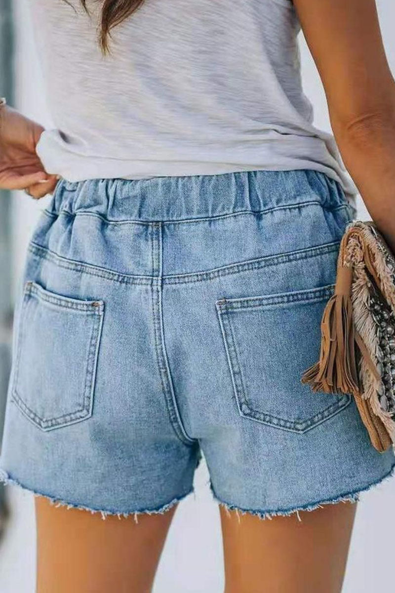Antmvs Fashion Street Solid Ripped Mid Waist Straight Denim Shorts