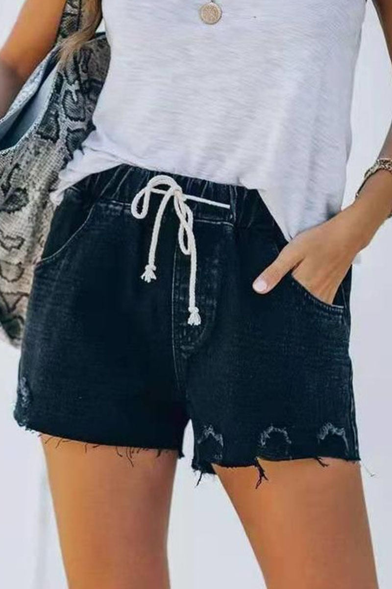Antmvs Fashion Street Solid Ripped Mid Waist Straight Denim Shorts