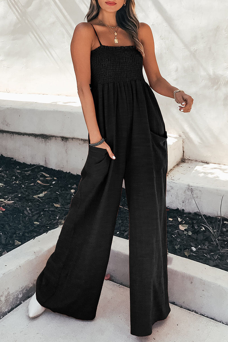 Antmvs Fashion Living Solid Pocket Spaghetti Strap Loose Jumpsuits