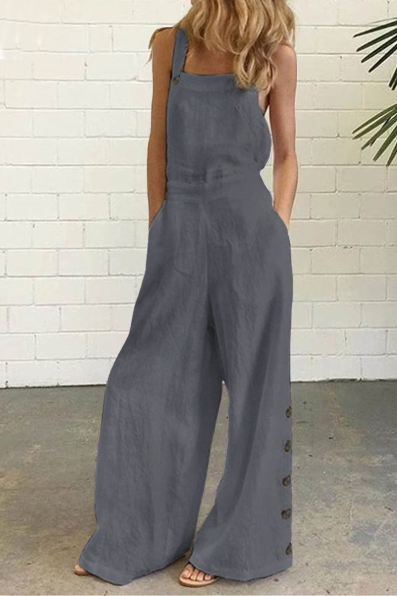 Antmvs Casual Solid Buckle Square Collar Regular Jumpsuits(5 Colors)