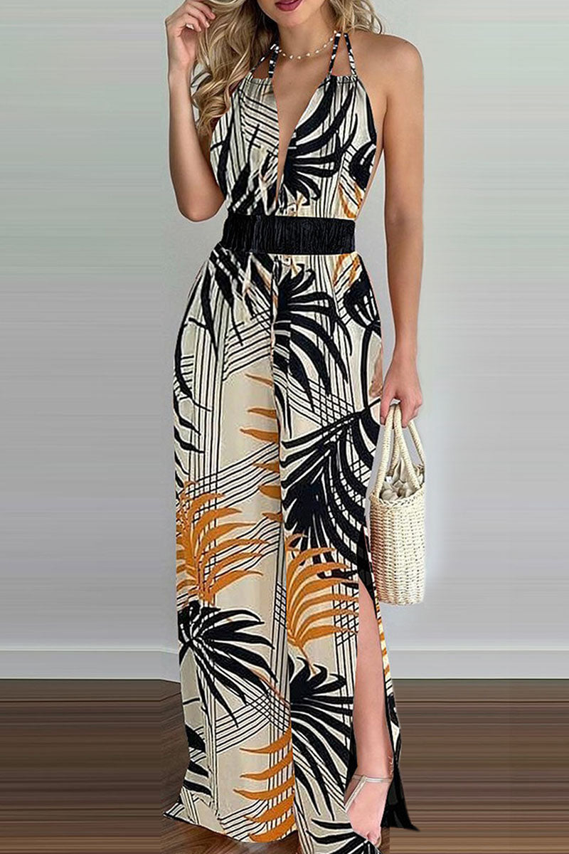 Antmvs Fashion Simplicity Print Backless V Neck Loose Jumpsuits