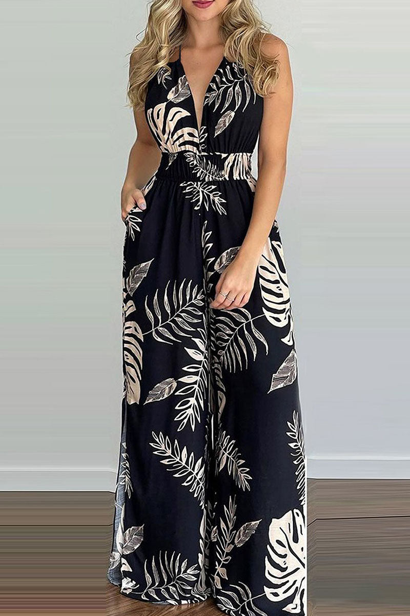 Antmvs Fashion Simplicity Print Backless V Neck Loose Jumpsuits