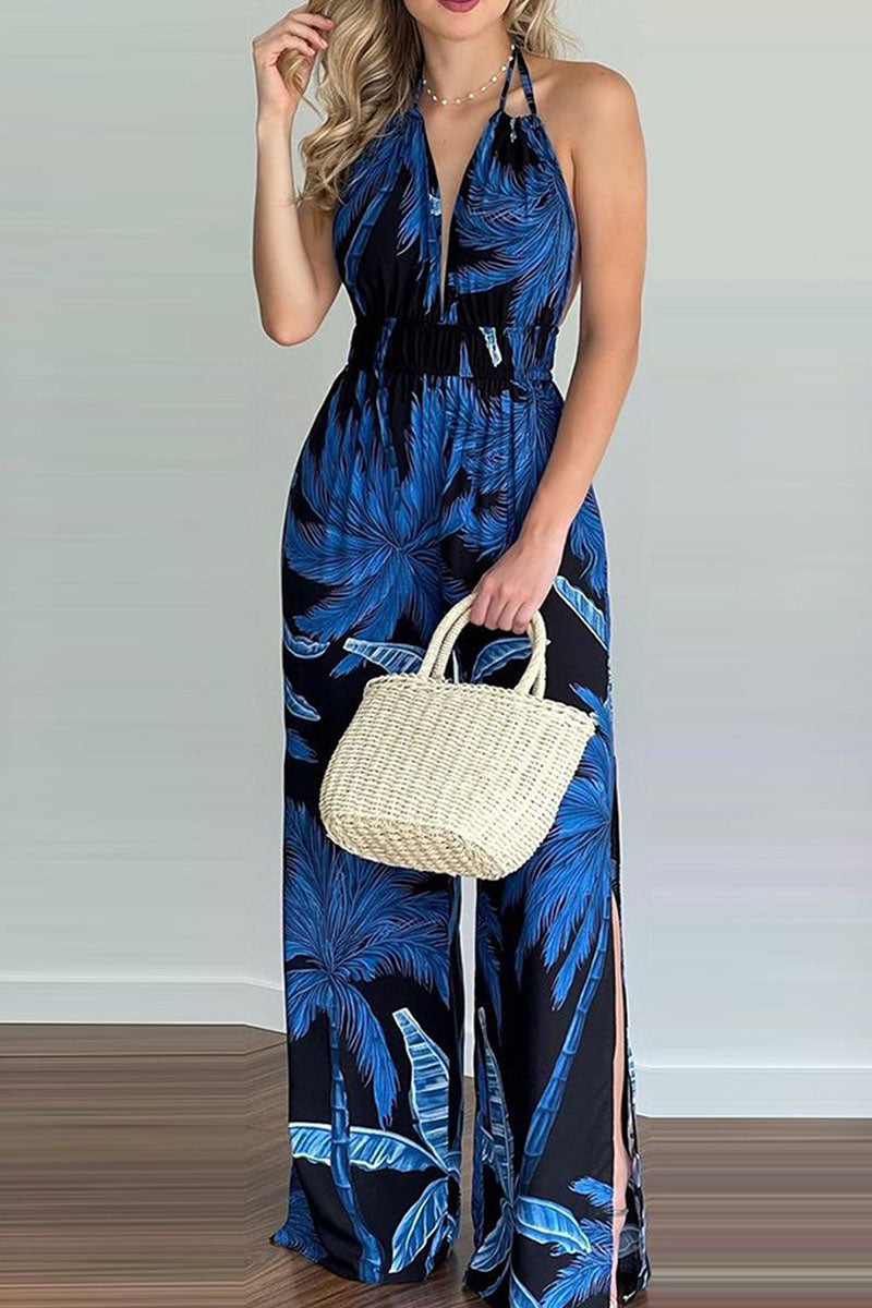 Antmvs Fashion Simplicity Print Backless V Neck Loose Jumpsuits