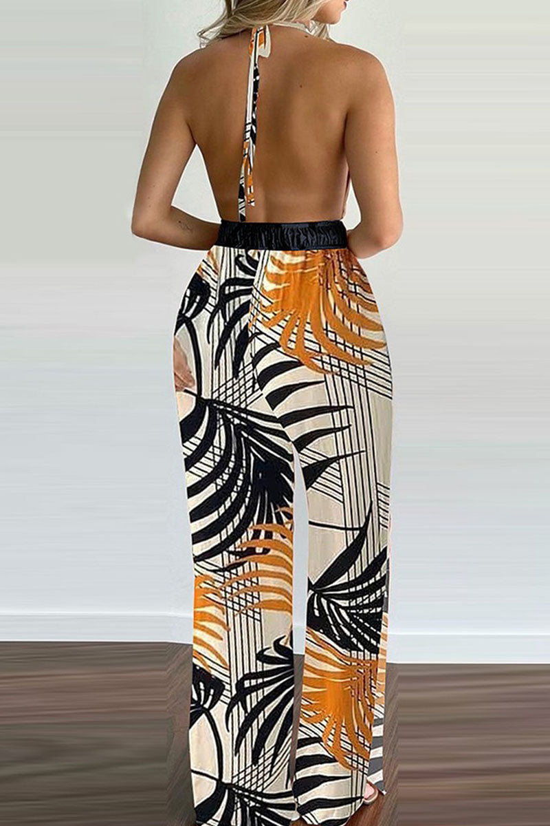 Antmvs Fashion Simplicity Print Backless V Neck Loose Jumpsuits