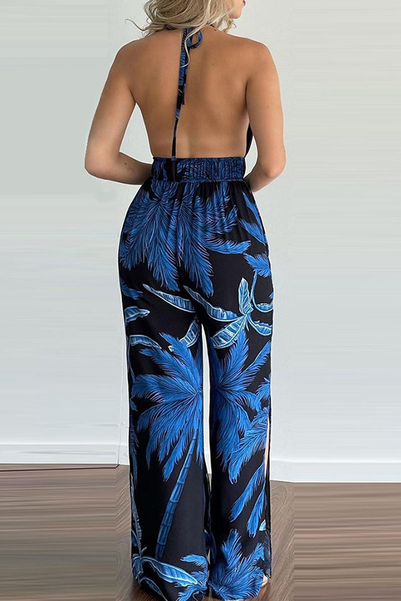 Antmvs Fashion Simplicity Print Backless V Neck Loose Jumpsuits