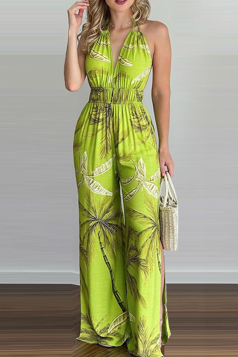 Antmvs Fashion Simplicity Print Backless V Neck Loose Jumpsuits