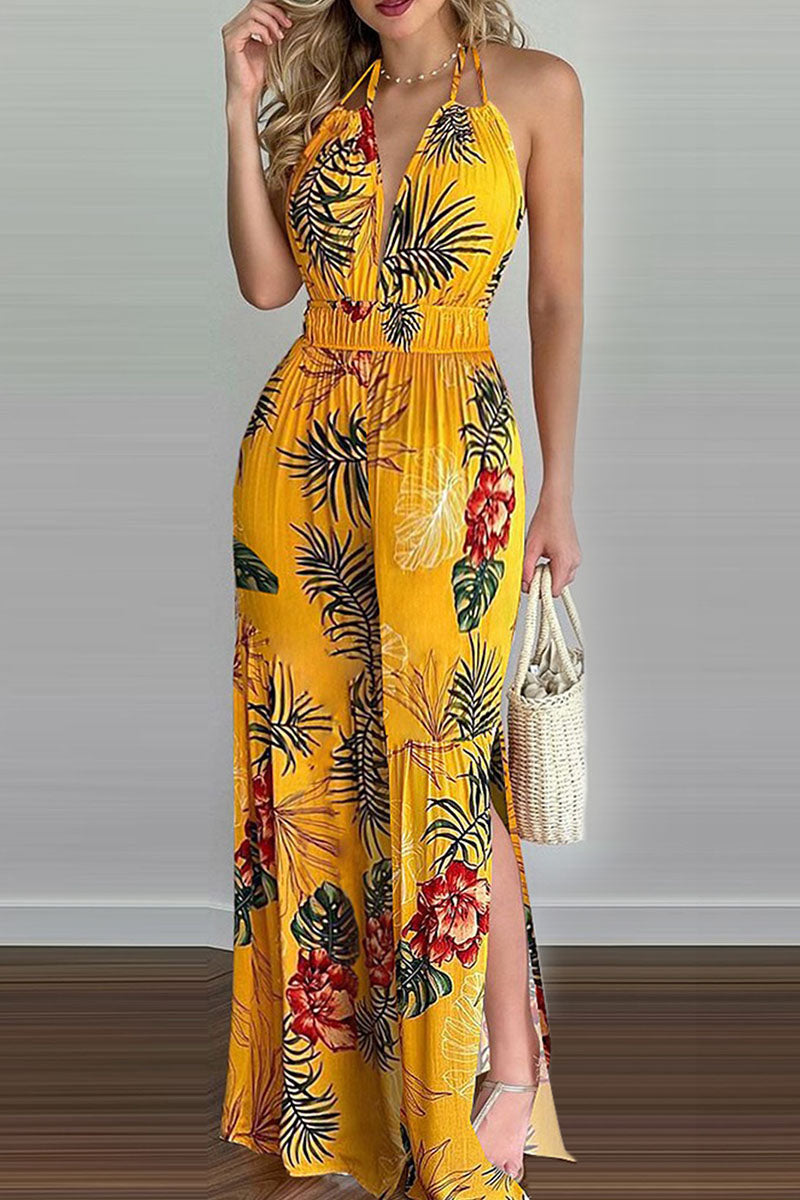 Antmvs Fashion Simplicity Print Backless V Neck Loose Jumpsuits