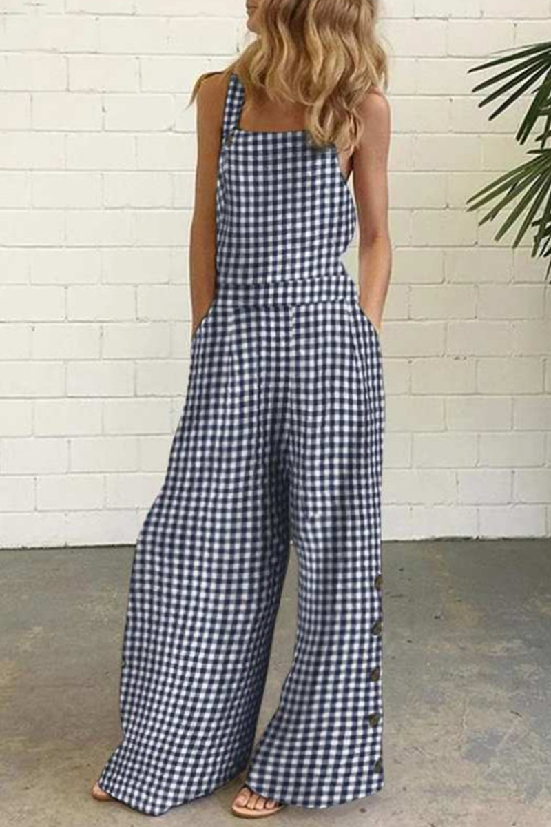 Antmvs Casual Plaid Buttons Square Collar Straight Jumpsuits(4 Colors)
