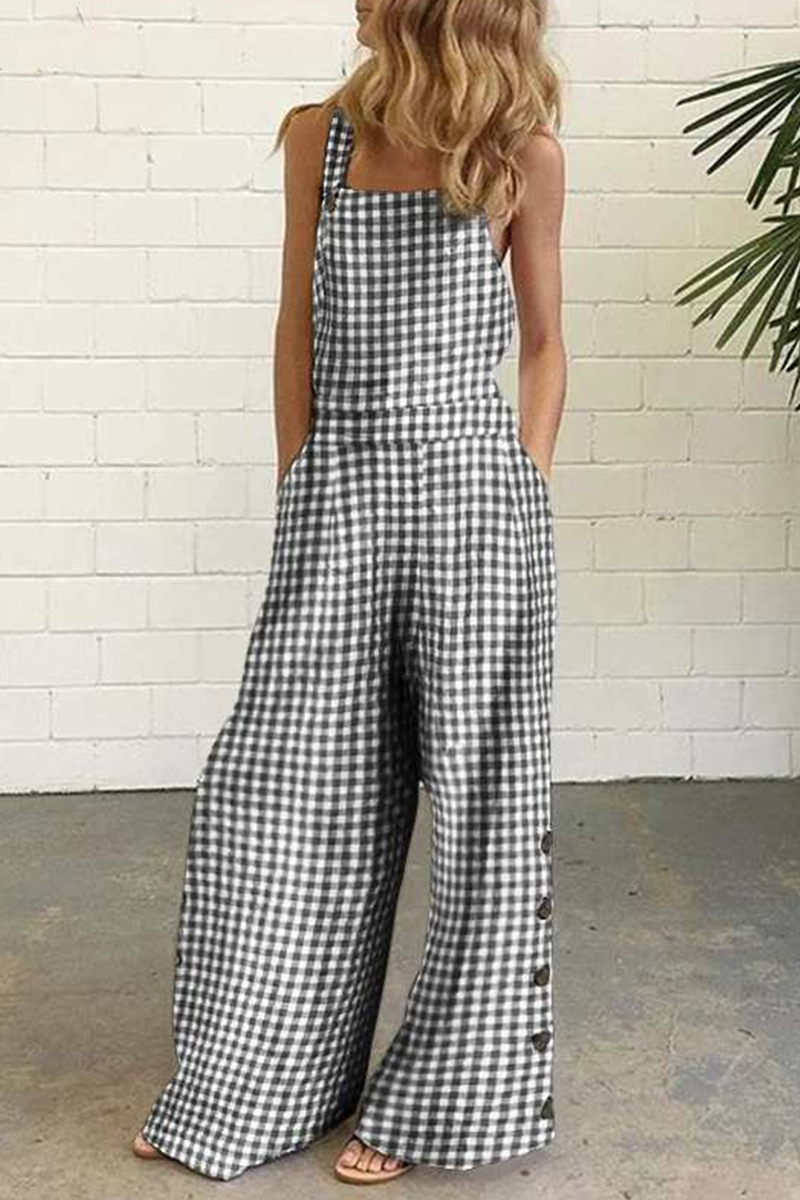 Antmvs Casual Plaid Buttons Square Collar Straight Jumpsuits(4 Colors)