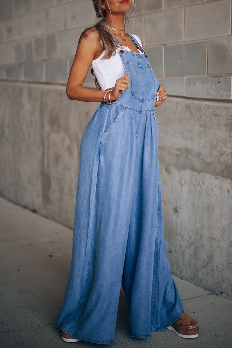 Antmvs Fashion Casual Solid Pocket Spaghetti Strap Loose Jumpsuits