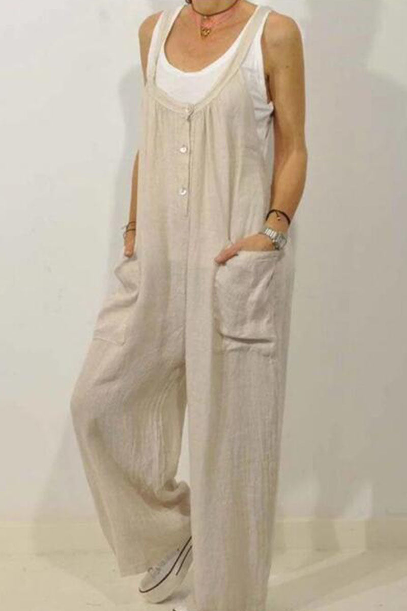 Antmvs Casual Solid Pocket Spaghetti Strap Loose Jumpsuits