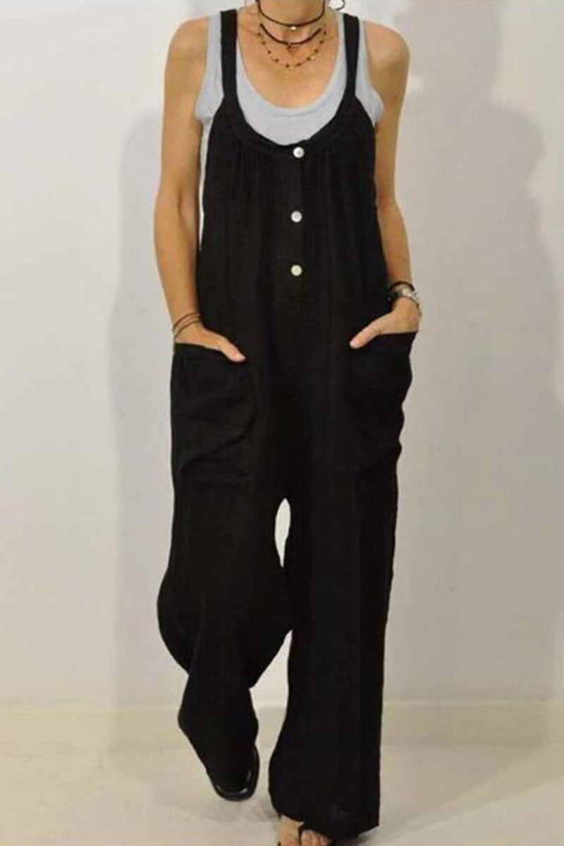 Antmvs Casual Solid Pocket Spaghetti Strap Loose Jumpsuits