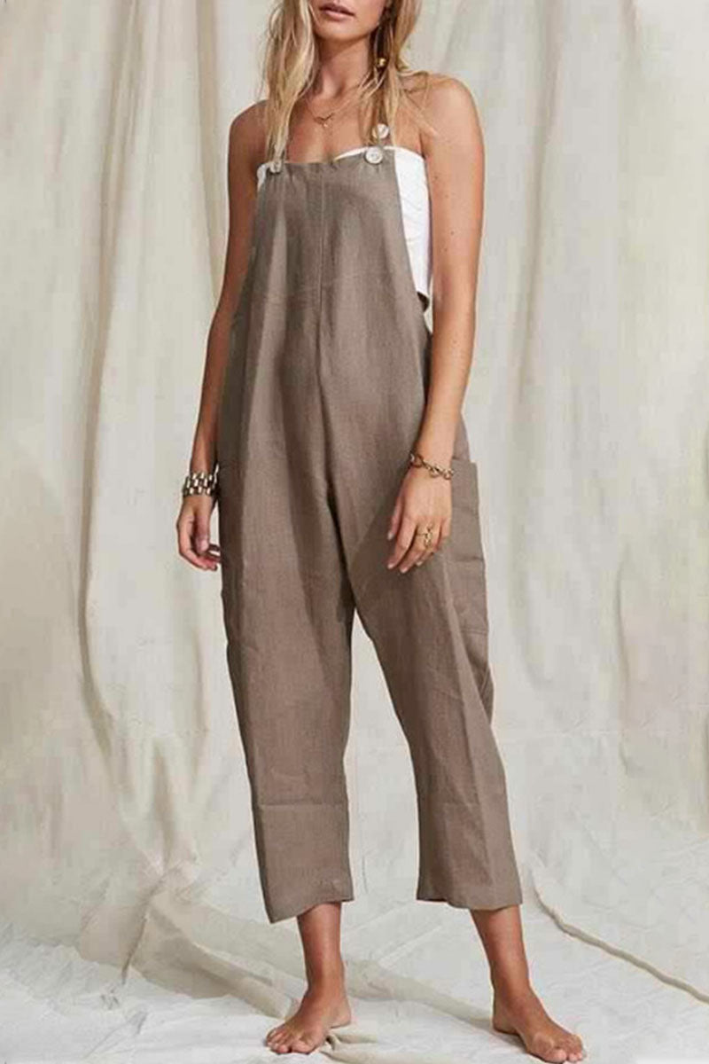 Antmvs Fashion Simplicity Solid Pocket Spaghetti Strap Loose Jumpsuits