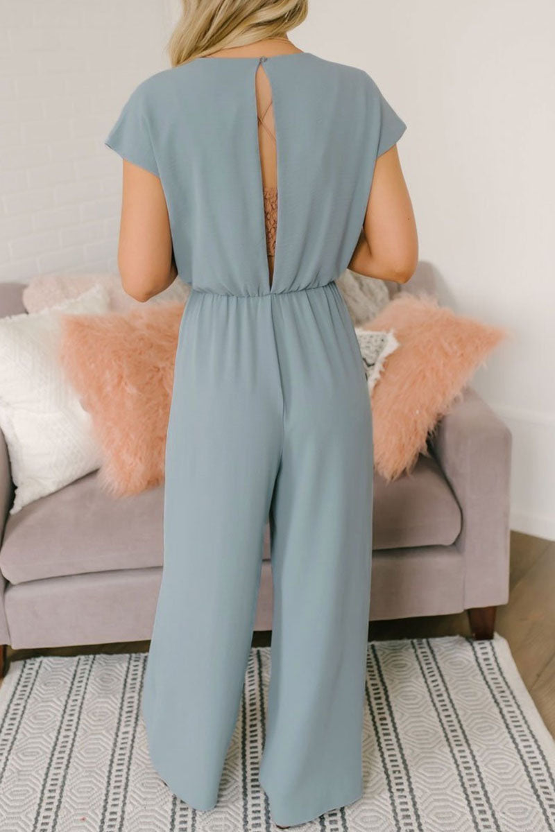 Antmvs Fashion Street Solid Backless V Neck Loose Jumpsuits