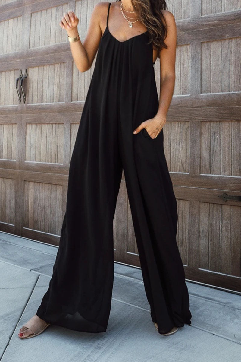 Antmvs Fashion Living Solid Split Joint Spaghetti Strap Loose Jumpsuits