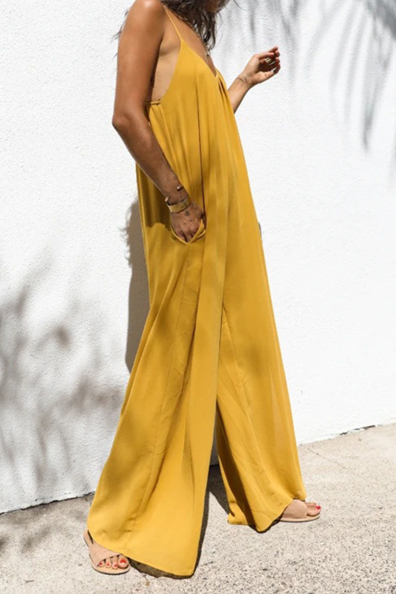 Antmvs Fashion Living Solid Split Joint Spaghetti Strap Loose Jumpsuits
