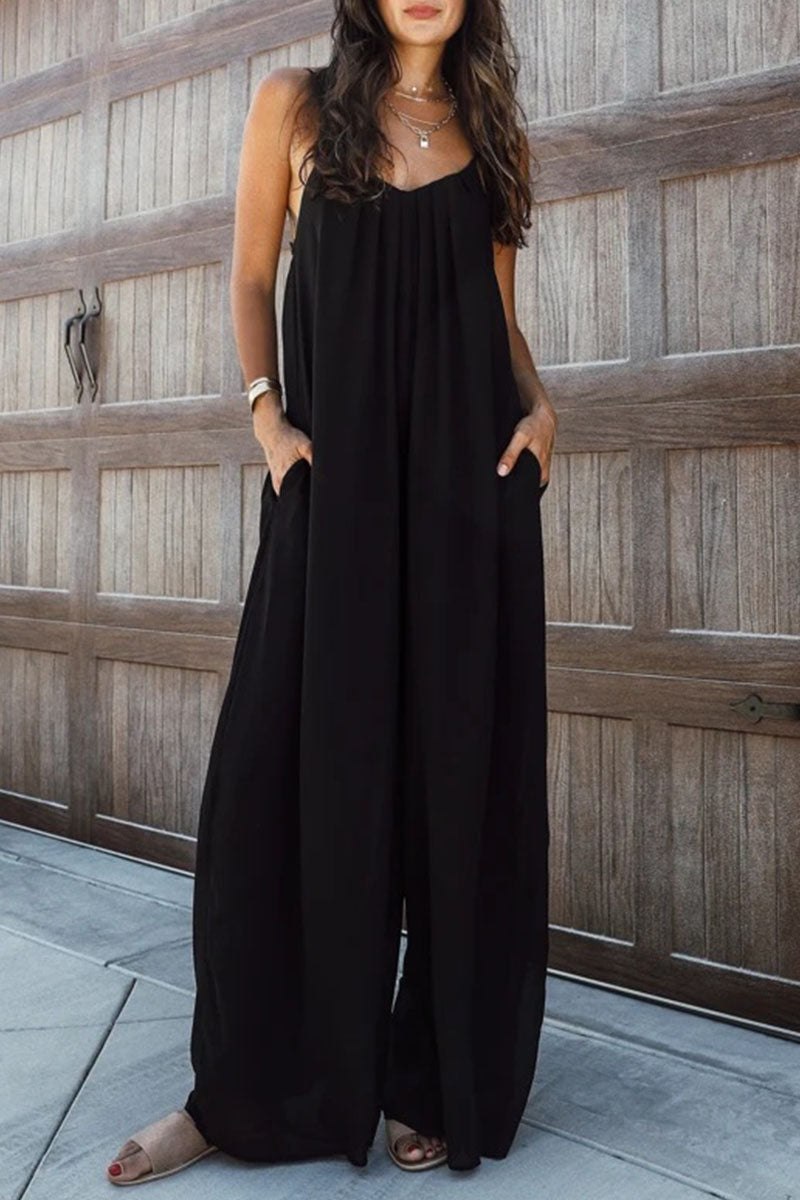 Antmvs Fashion Living Solid Split Joint Spaghetti Strap Loose Jumpsuits