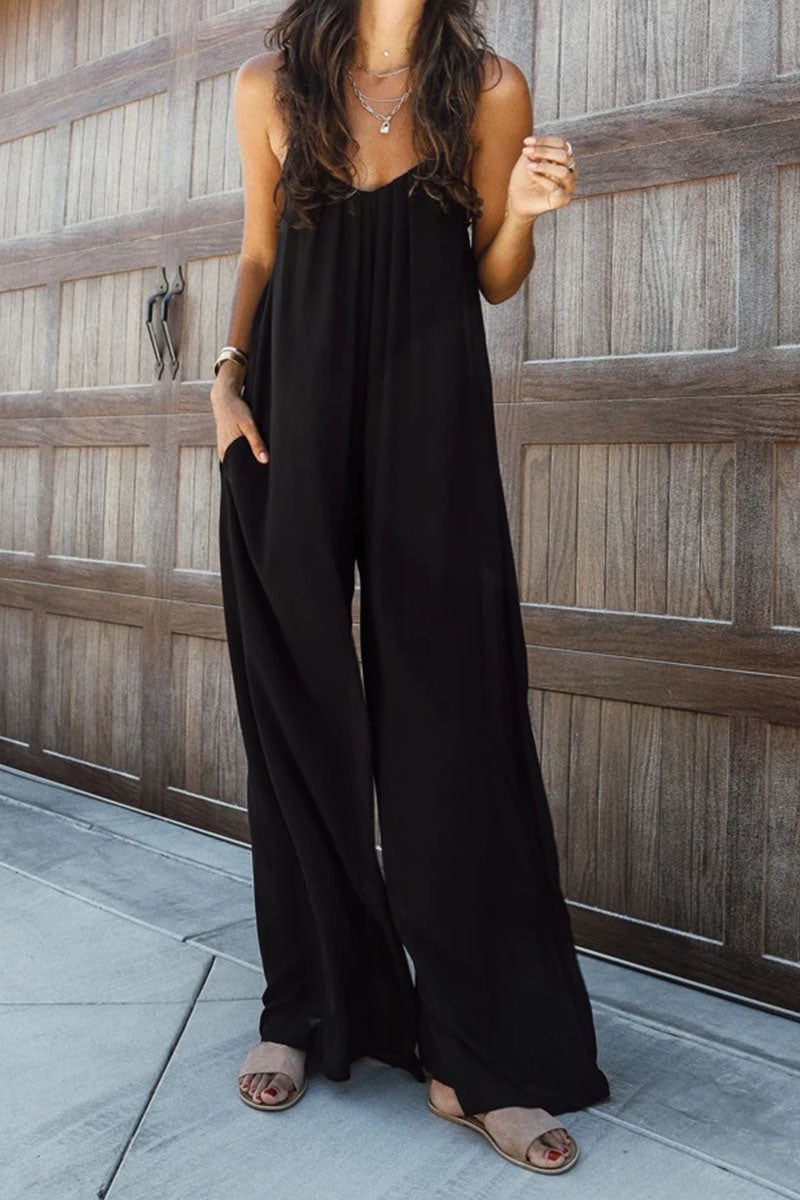 Antmvs Fashion Living Solid Split Joint Spaghetti Strap Loose Jumpsuits