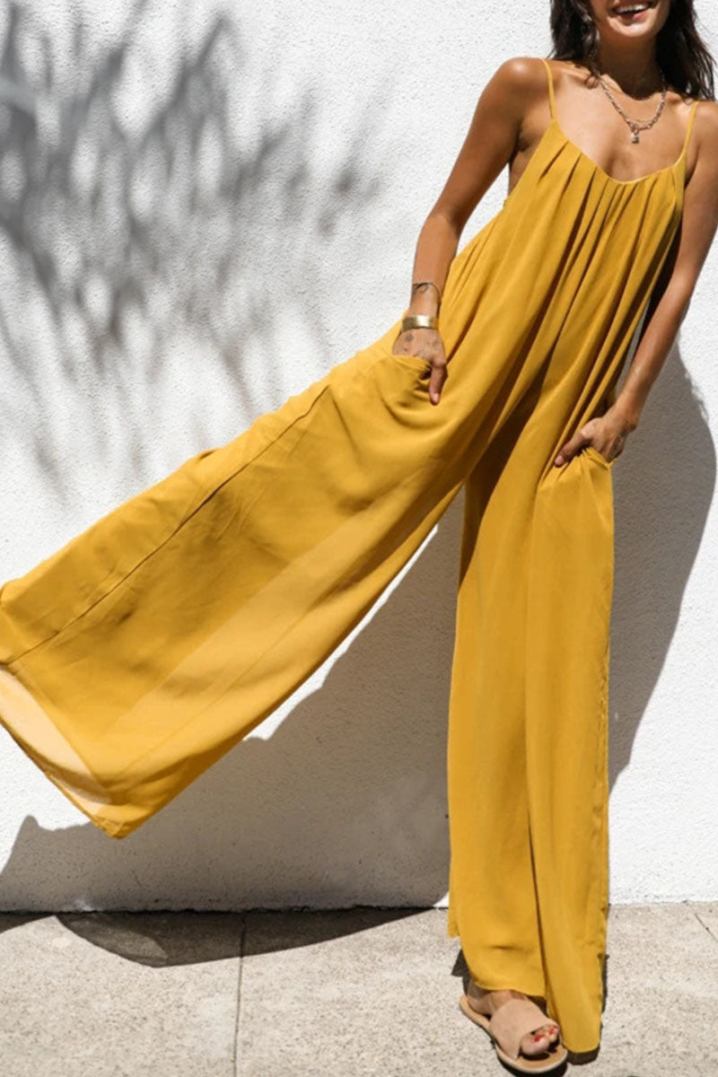 Antmvs Fashion Living Solid Split Joint Spaghetti Strap Loose Jumpsuits