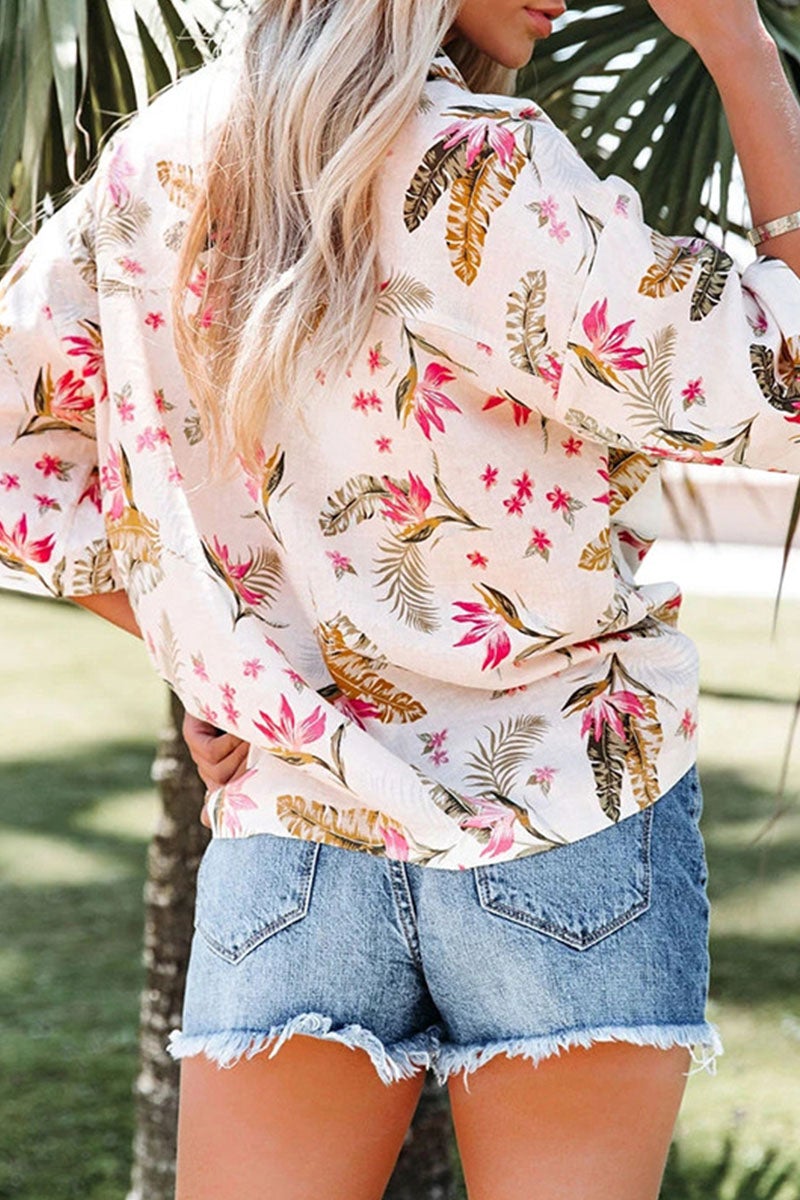 Fashion Casual Print Split Joint Turndown Collar Tops