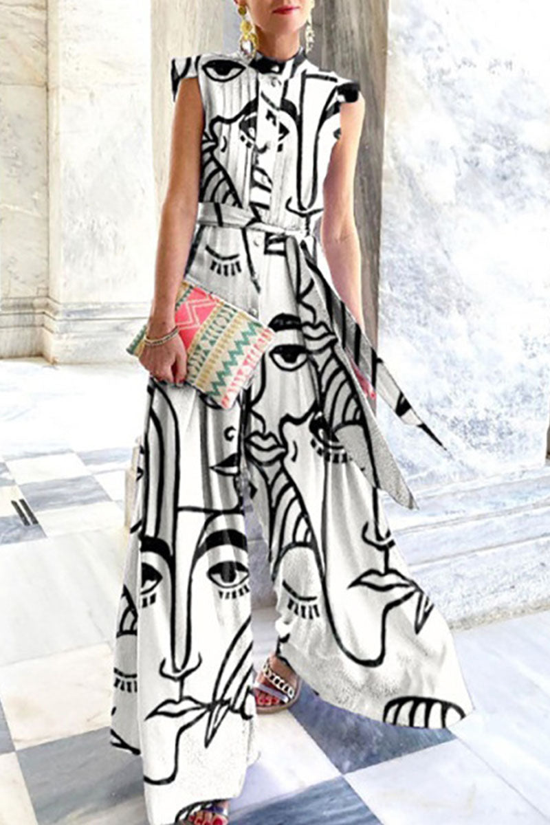 Antmvs Fashion Street Print O Neck Loose Jumpsuits(4 Colors)