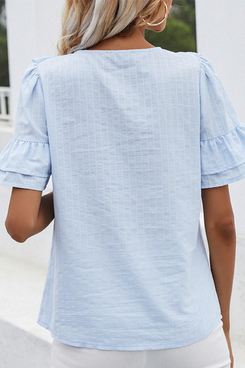 Fashion Elegant Solid Hollowed Out Buckle Flounce O Neck Tops