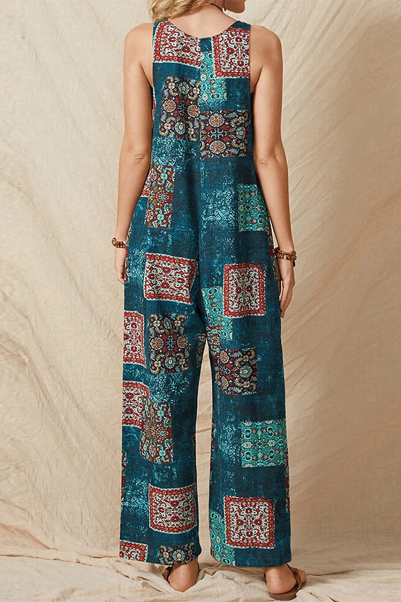 Antmvs Street Print Split Joint Pocket U Neck Straight Jumpsuits