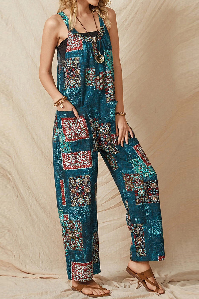 Antmvs Street Print Split Joint Pocket U Neck Straight Jumpsuits