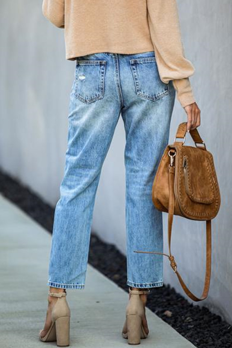 Antmvs Casual Street Solid Tassel Ripped Straight Bottoms
