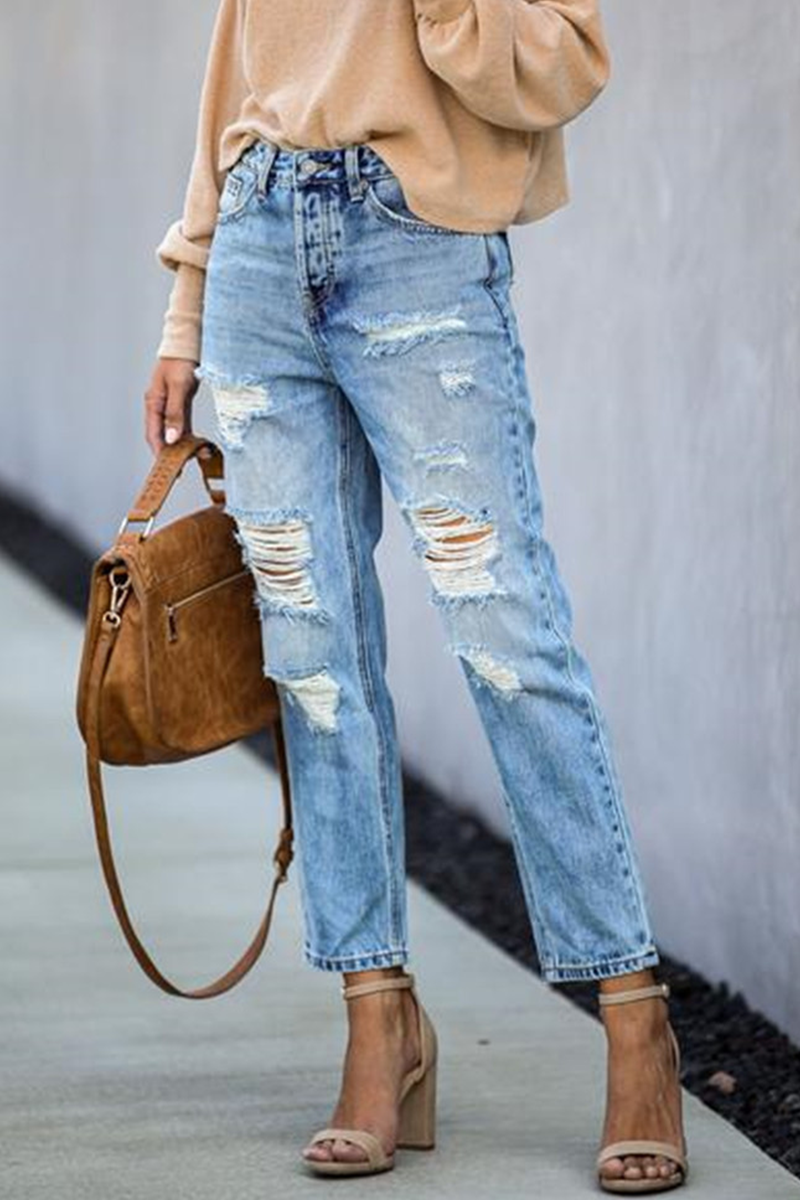 Antmvs Casual Street Solid Tassel Ripped Straight Bottoms