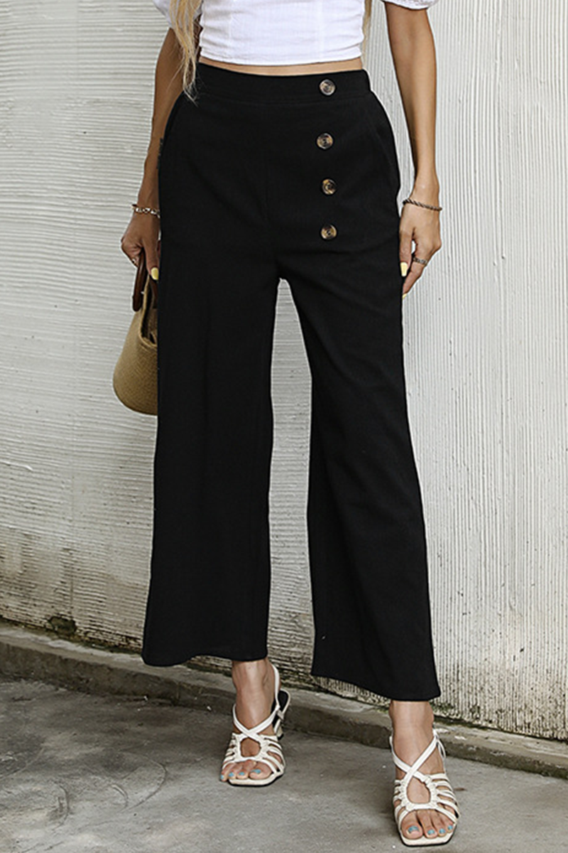 Antmvs Elegant Solid Buckle Capris Loose Wide Leg Bottoms