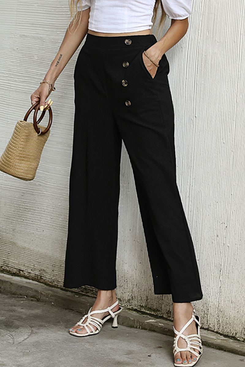 Antmvs Elegant Solid Buckle Capris Loose Wide Leg Bottoms