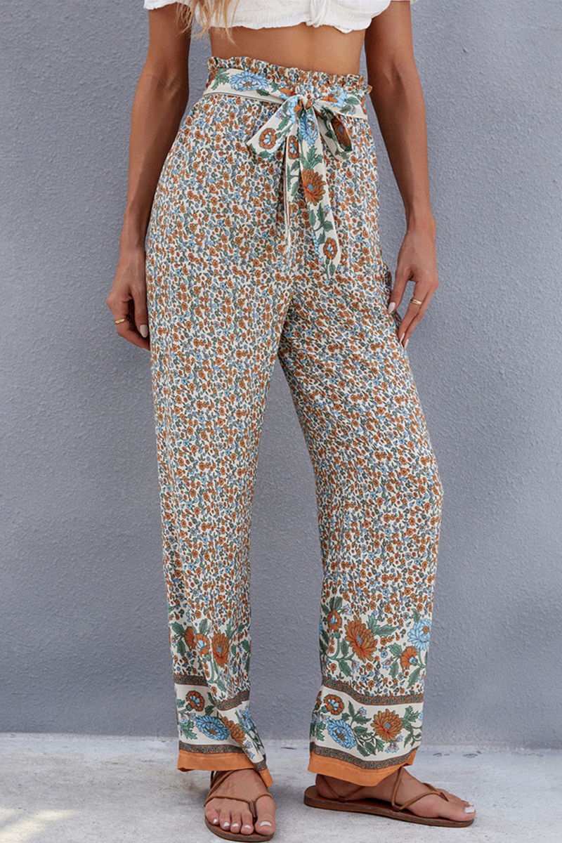 Antmvs Casual Floral With Belt Straight High Waist Wide Leg Full Print Bottoms