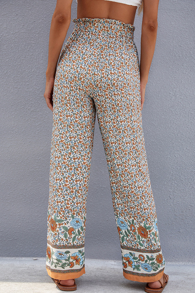 Antmvs Casual Floral With Belt Straight High Waist Wide Leg Full Print Bottoms
